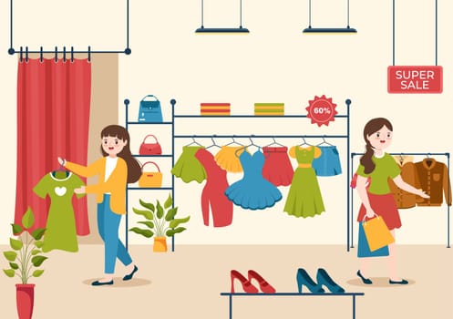 Fashion Clothing Store for Women Template Hand Drawn Cartoon Flat Illustration with Shopping Buying Products Cloth or Dresses Design