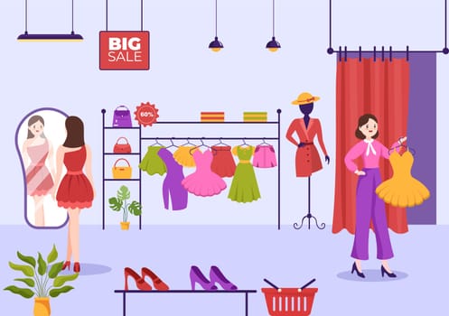 Fashion Clothing Store for Women Template Hand Drawn Cartoon Flat Illustration with Shopping Buying Products Cloth or Dresses Design