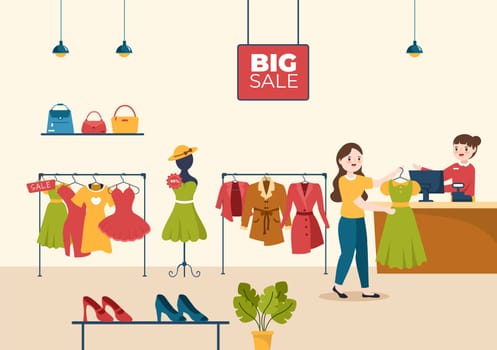 Fashion Clothing Store for Women Template Hand Drawn Cartoon Flat Illustration with Shopping Buying Products Cloth or Dresses Design