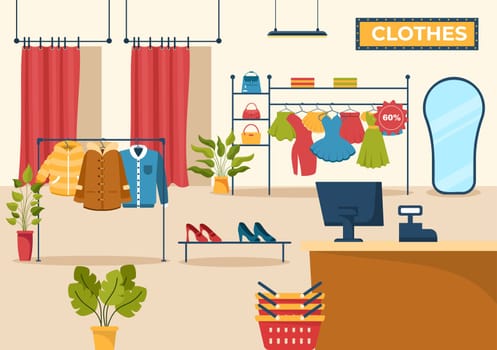 Fashion Clothing Store for Women Template Hand Drawn Cartoon Flat Illustration with Shopping Buying Products Cloth or Dresses Design