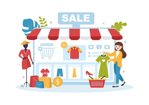 Fashion Clothing Store for Women Template Hand Drawn Cartoon Flat Illustration with Shopping Buying Products Cloth or Dresses Design