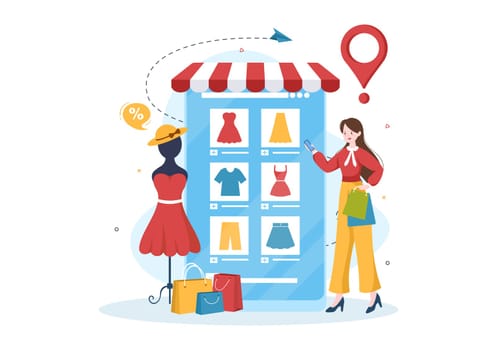 Fashion Clothing Store for Women Template Hand Drawn Cartoon Flat Illustration with Shopping Buying Products Cloth or Dresses Design