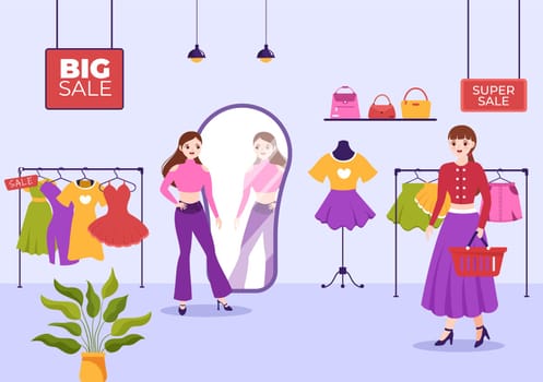 Fashion Clothing Store for Women Template Hand Drawn Cartoon Flat Illustration with Shopping Buying Products Cloth or Dresses Design