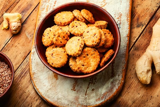 Delicious crackers with ginger and flax. Vegetarian cookies.