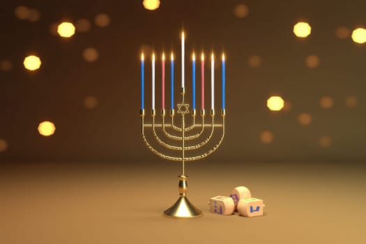 3d rendering Image of Jewish holiday Hanukkah with  menorah or traditional Candelabra and wooden dreidels or spinning top on a  bokeh background.