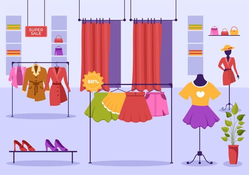 Fashion Clothing Store for Women Template Hand Drawn Cartoon Flat Illustration with Shopping Buying Products Cloth or Dresses Design