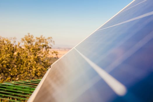 Solar panel at sunset. The item is installed at countryside estate. Selective focus