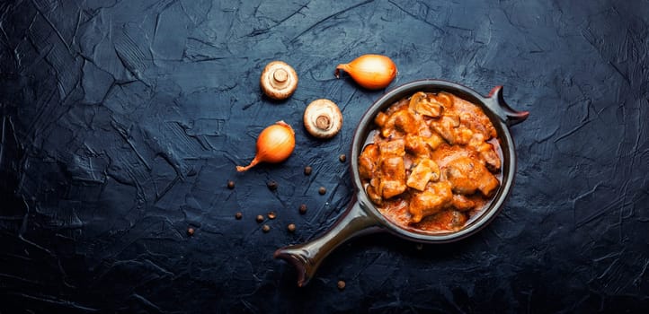 Taty beef stroganoff meat. Meat with mushrooms and mashed potatoes. Russian food