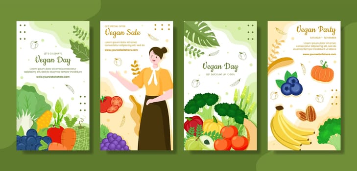 Happy Vegetarian Day or Vegan Social Media Stories Template Hand Drawn Cartoon Flat Illustration