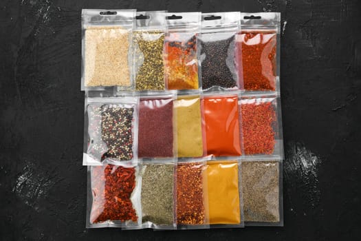 Overhead view of different spices in plastic package