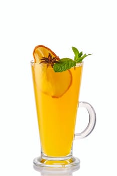 Hot pear and orange winter drink with mint isolated on white
