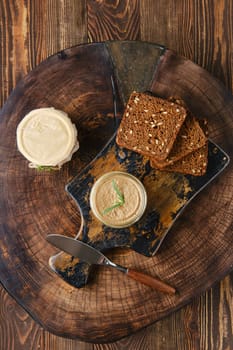 Overhead view of wild deer liver pate, homemade rustic snack