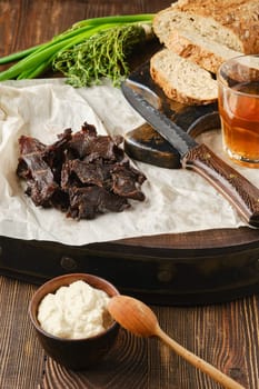 Heap of jerky venison as a snack
