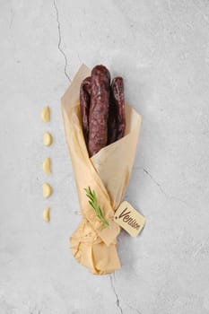 Overhead view of dried sausage made of venison meat