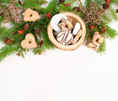 Nurnberg elisen gingerbread mix, traditional german christmas sweets with fir branches and pine cones, holiday background with copy space