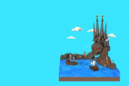 3D illustrator of pirate castle. 3D rendering of a low polygon model including path selection