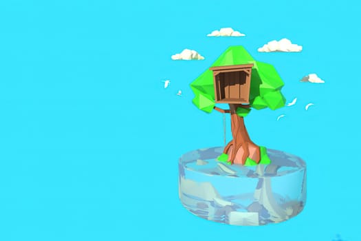3D illustrator of house on the tree. 3D rendering of a low polygon model including path selection