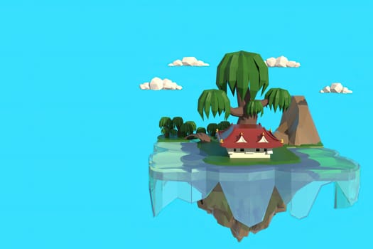 3D illustrator small house by the river. 3d rendering Low Polygon Geometry. Lowpoly Minimal Style Art.