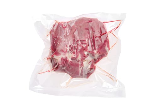 Vacuum sealed lamb neck shoulder isolated on white