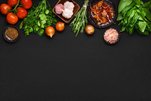 Top view of fresh vegetables, herbs and spice with place for text. World food day concept.