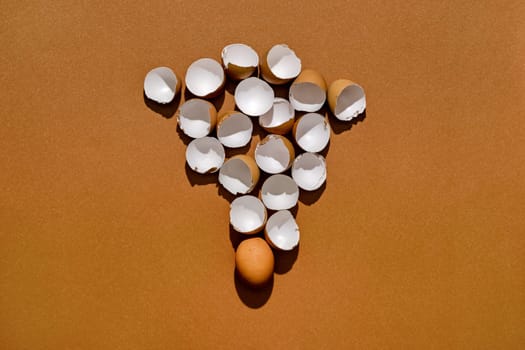Concept of strength, power and stamina. Whole egg and eggshell on brown background.