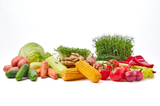 Pile of fresh juicy vegan food on white background. World food day concept.
