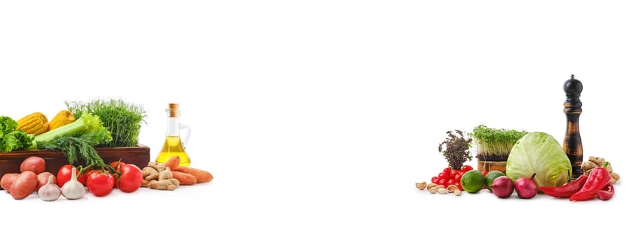 Variety of fresh juicy vegetables and herbs with spice on white background. World food day concept.