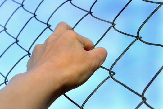 Close-up woman's hand holding on to the bars of a metal mesh