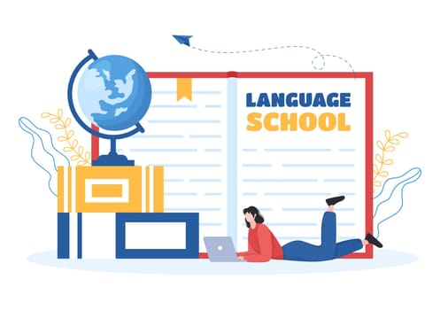 Language School Template Hand Drawn Cartoon Flat Illustration of Online Learning, Courses, Training Program and Study Foreign Languages Abroad