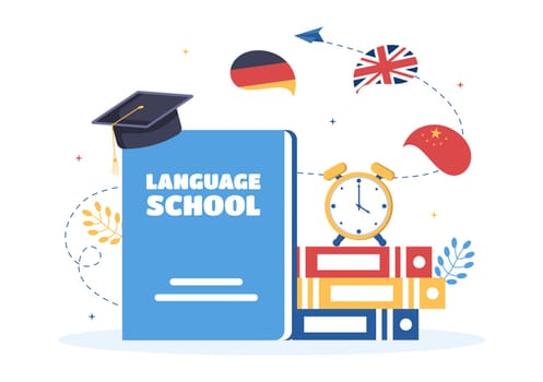 Language School Template Hand Drawn Cartoon Flat Illustration of Online Learning, Courses, Training Program and Study Foreign Languages Abroad
