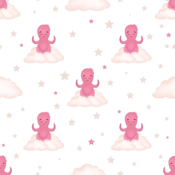 Vector illustration of a pink octopus. Seamless pattern for babies. Sea squid illustration for children's room. Cute cartoon octopus pattern. Summer marina background