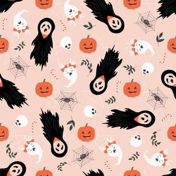 Halloween pattern. Ghosts and bats. Halloween seamless pattern.