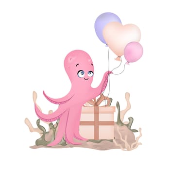 Octopus character. Happy birthday. Balloons. Cute baby animal octopus. Marine life. Underwater world. T-shirt print design. Children's illustration.