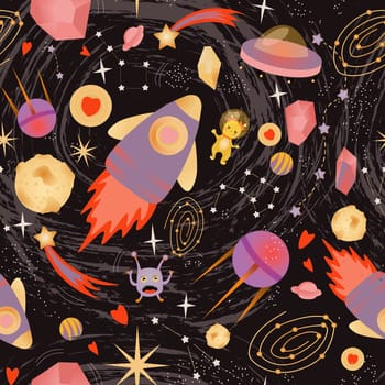 Galaxy pattern. Rocket, meteorite and ufo. Space seamless pattern.