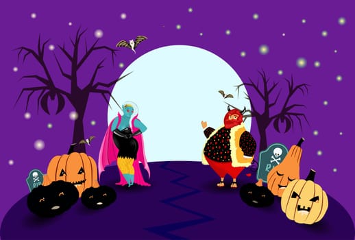 Halloween horizontal poster with vampires, pumpkins and devil. Bright Halloween design.