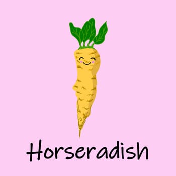 Horseradish root and grated horseradish.Vector illustration of an isolated horseradish with painted texture and a happy smiling face..