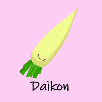 Vector hand drawn isolated daikon with the inscription. Healthy lifestyle. Eco friendly