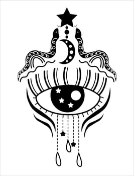 Icon of mystical objects, moon, eye, crystals, planets. Astrology doodle style. Esoteric, boho mystical hand drawn elements. Magic and sorcery. vector illustration for halloween.Print for t-shirt