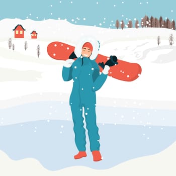 A woman in warm clothes holds a snowboard.Snowboarding. Winter activity. Winter sport.