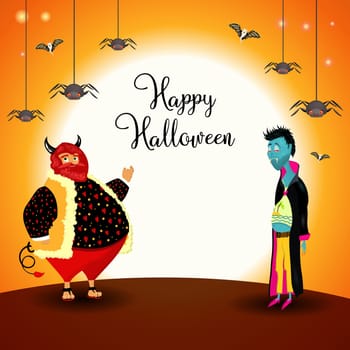 Halloween horizontal poster with vampires, pumpkins and devil. Bright Halloween design.