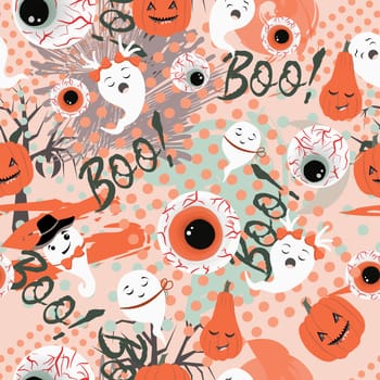 Halloween pattern. Ghosts and bats. Halloween seamless pattern.