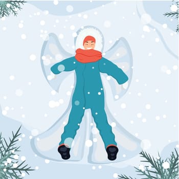 A woman lies on the snow in winter clothes. Snowing. Mountains in the background. Winter activities.Vector illustration in flat style