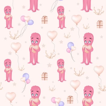 Vector illustration of a pink octopus. Seamless pattern for babies. Sea squid illustration for children's room. Cute cartoon octopus pattern. Summer marina background