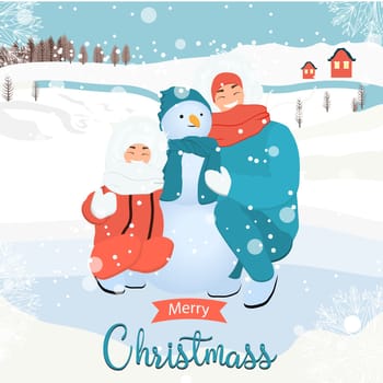 A woman and a child are making a snowman. Winter activity. Outdoor games in winter. People in warm winter clothes.