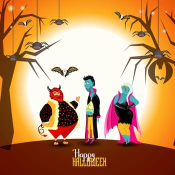 Halloween horizontal poster with vampires, pumpkins and devil. Bright Halloween design.