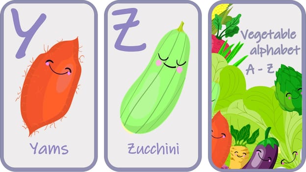 Illustration with funny characters. Children s font in cartoon style VEGETABLES . Set of multicolored bright letters for inscriptions AND TRAINING. Vector illustration of the alphabet..
