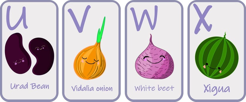 Illustration with funny characters. Children s font in cartoon style VEGETABLES . Set of multicolored bright letters for inscriptions AND TRAINING. Vector illustration of the alphabet..