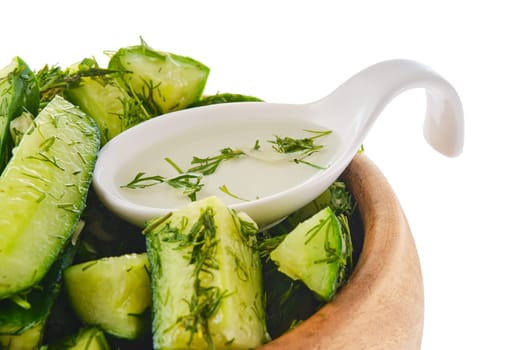 Closeup view of pickled cucumber with dill and garlic