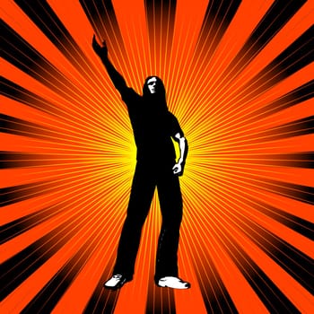 Rocker style man with arm raised and looking upwards