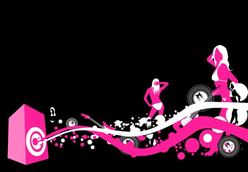 illustration with dancing people and music elements